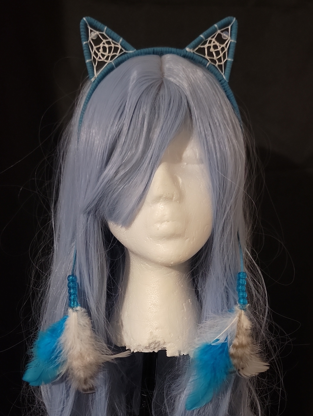 Handmade Teal Cat Ear Headband with Feather Tassels